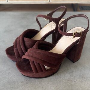 Vince Camuto Brown Suede Heels with Artistic Straps